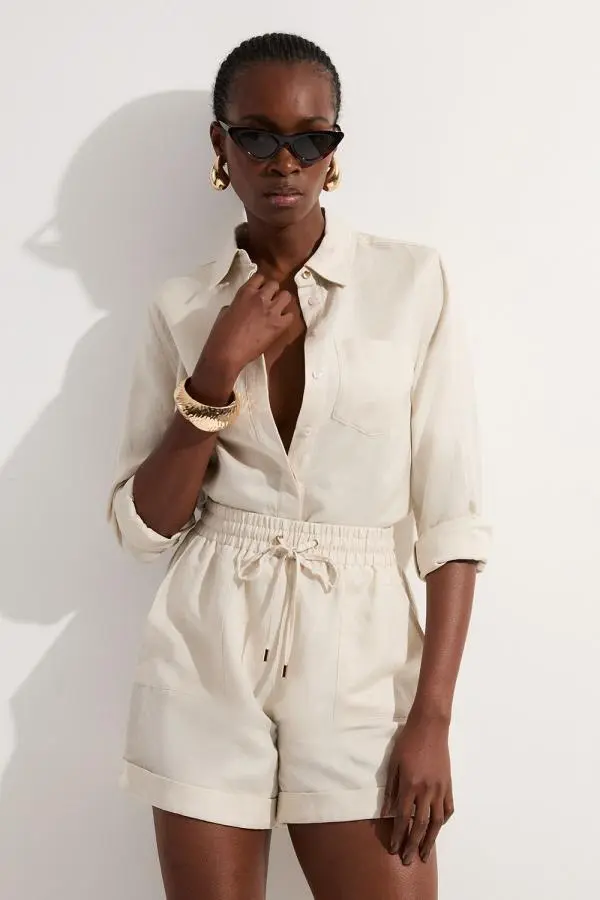 Viscose Linen Tie Waist Woven Short