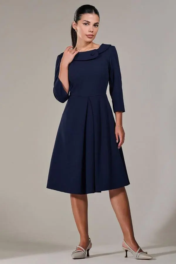 Jolie Moi Women's Petite Button Collar Dress in Navy 