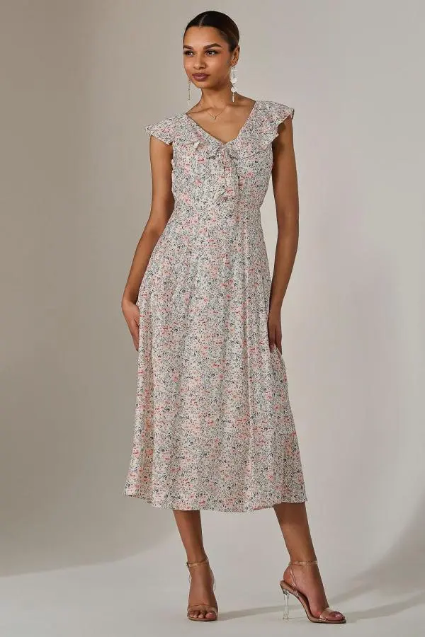 Jolie Moi Women's Frill V Neck Midaxi Dress in Pale Pink 
