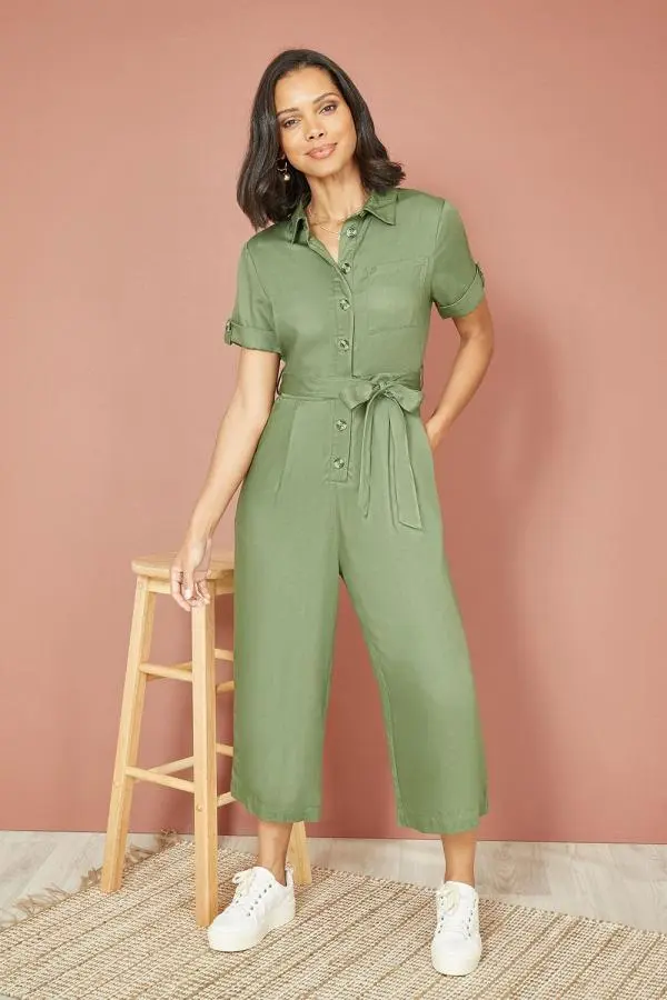Yumi Women's Green Twill Viscose Utility Jumpsuit 