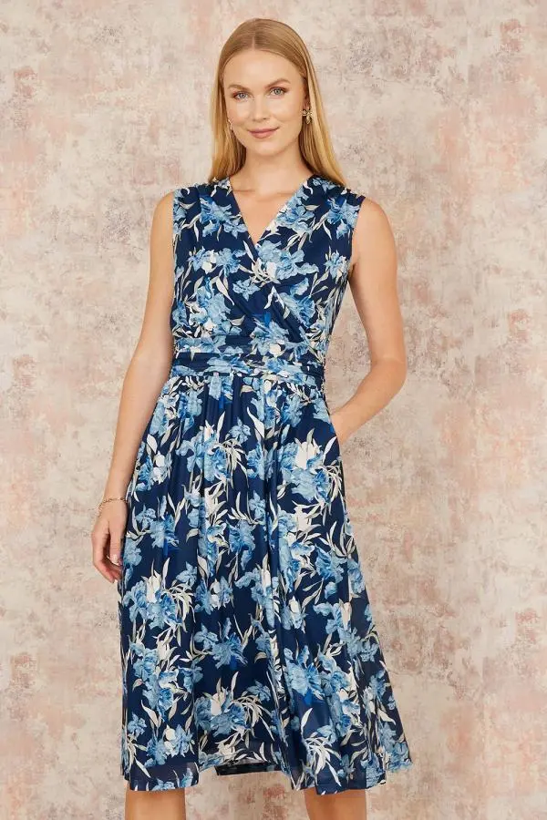 Yumi Women's Blue Floral Mesh Wrap Skater Dress With Pockets 