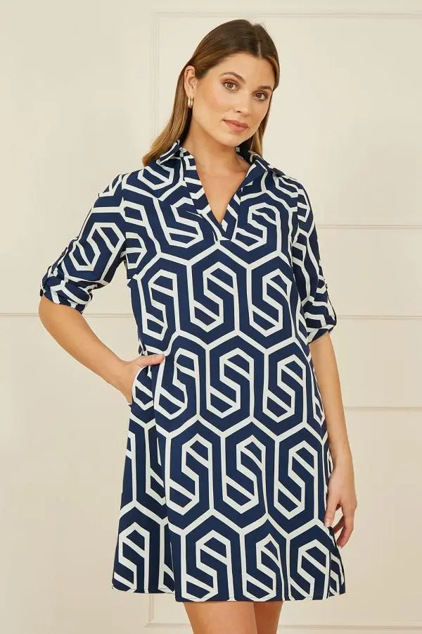 Yumi Women's Navy Geo Print Tunic With Pockets 