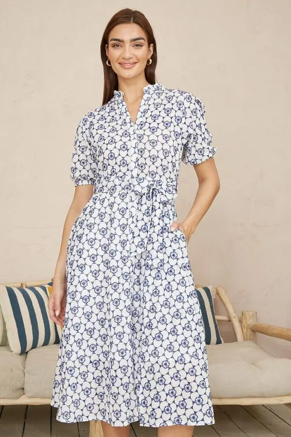 Yumi Women's White & Blue Cotton Broderie Anglaise Midi Shirt Dress | Size: 8