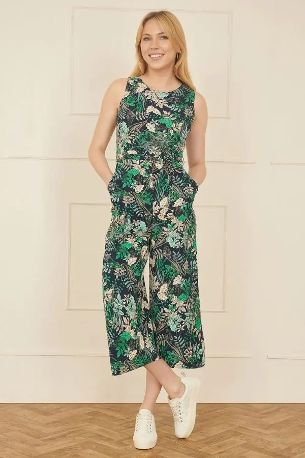 Yumi Women's Green Leaf Culotte Jumpsuit in Navy 