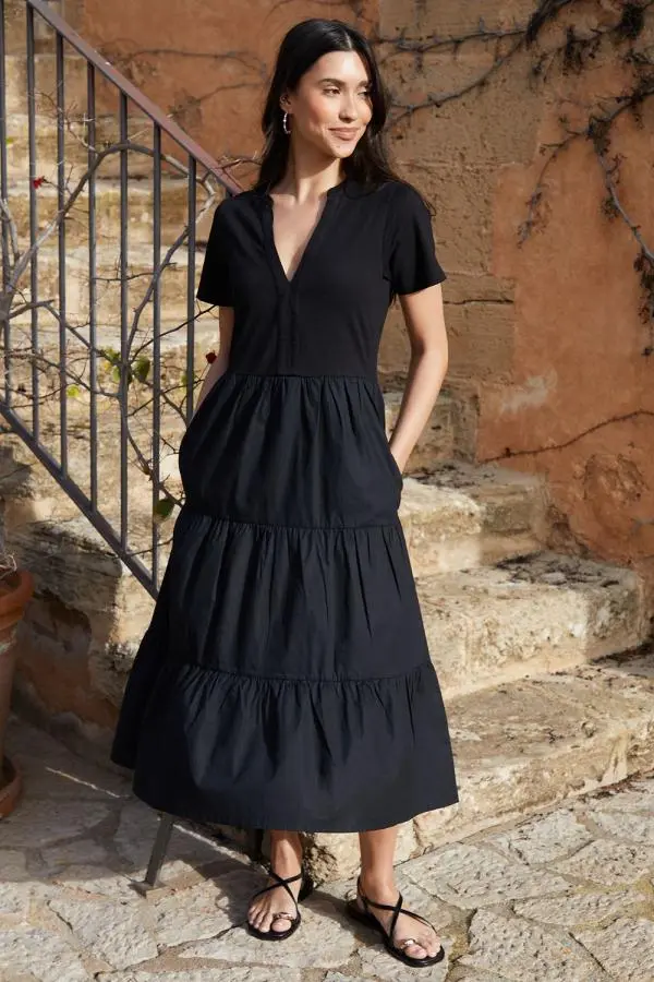 Tiered Jersey Poplin Maxi Dress