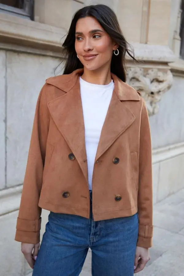 Cropped Suedette Trench Coat