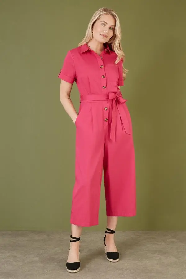 Yumi Women's Pink Viscose Twill Button Up Utility Style Jumpsuit | Size: 10