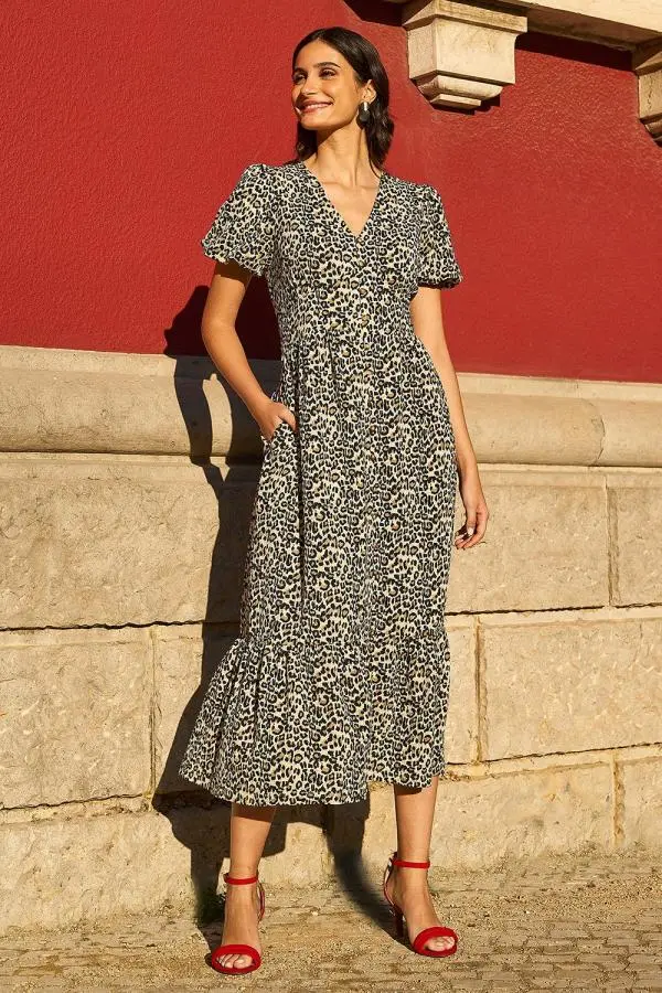 Brown Leopard Print Pleated Button Through Midi Dress
