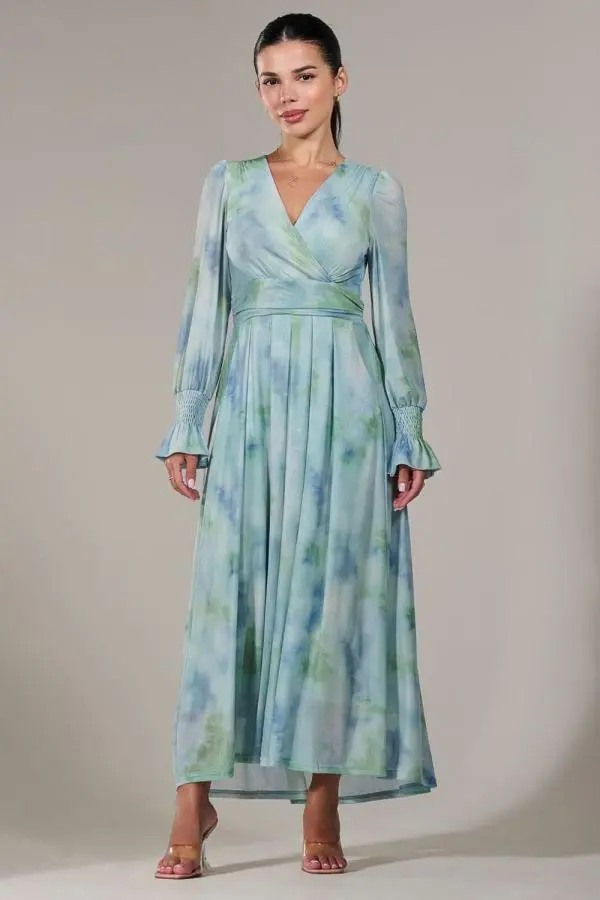 Jolie Moi Women's Petite Long Sleeve Mesh Maxi Dress in Light Green 