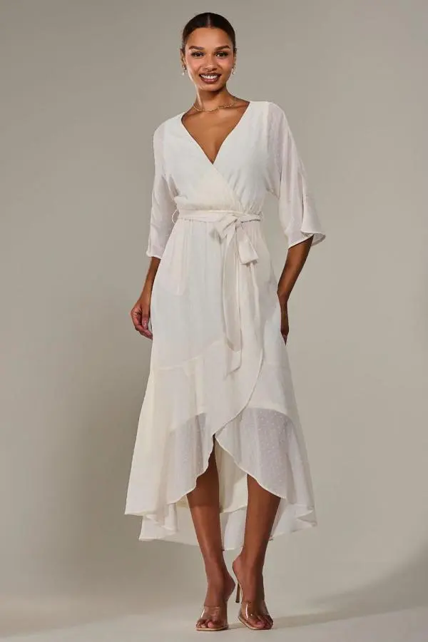 Jolie Moi Women's Wrap Tie Front Midi Dress in Cream 