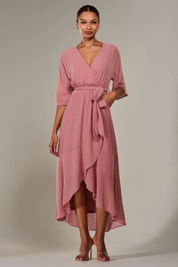 Jolie Moi Women's Wrap Tie Front Midi Dress in Dusty Pink 