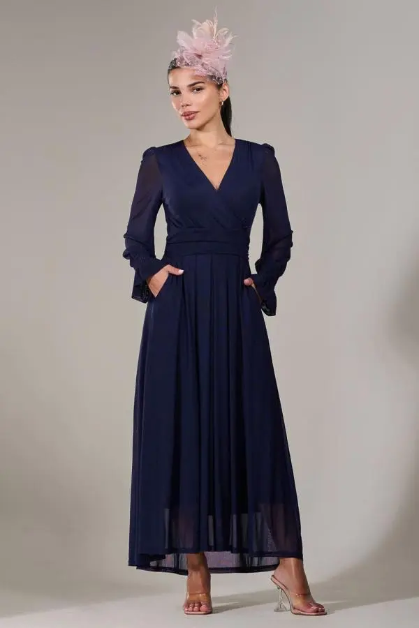 Jolie Moi Women's Petite Long Sleeve Mesh Maxi Dress in Navy | Size: 6