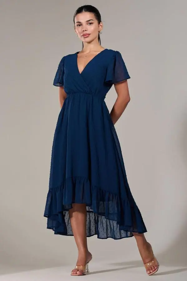 Jolie Moi Women's Petite High-Low Midaxi Dress in Navy 