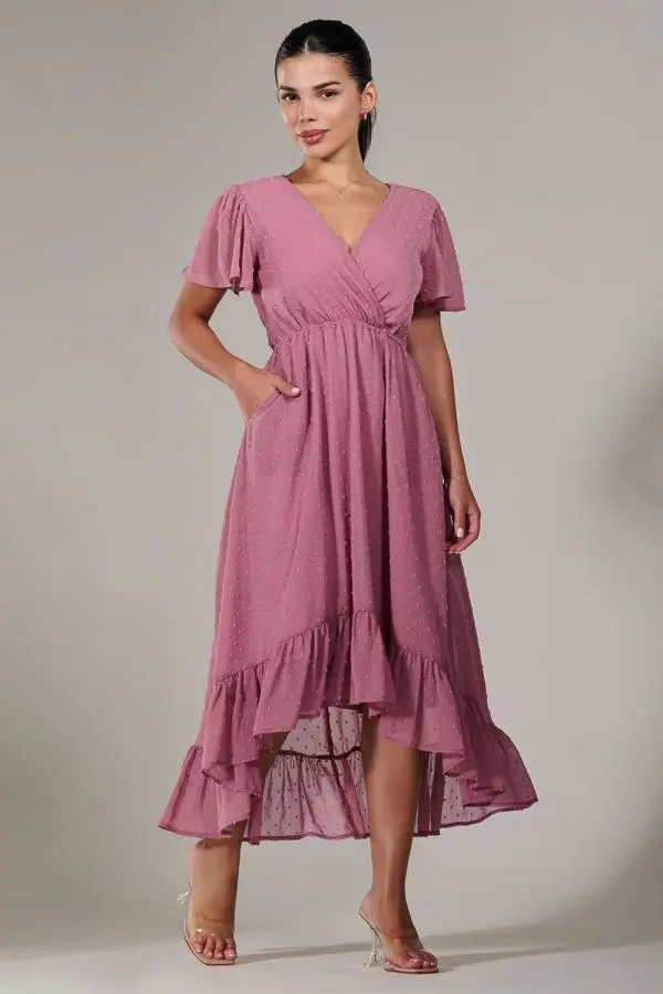 Jolie Moi Women's Petite High-Low Midaxi Dress in Dusty Pink 