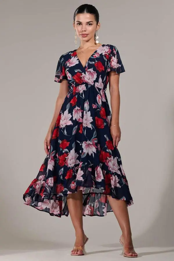 Jolie Moi Women's Petite High-Low Midaxi Dress in Mid Navy 