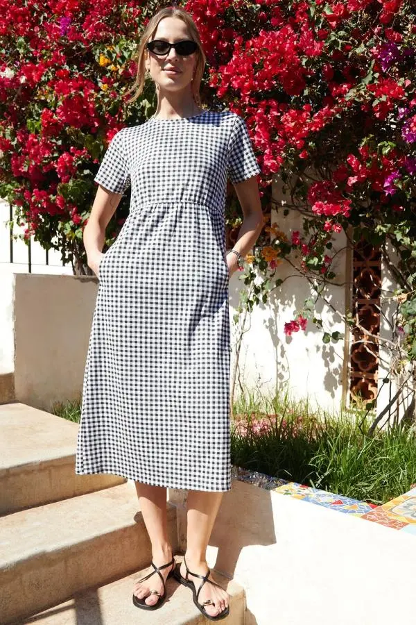 Cotton Jersey Smock-Style Midi Dress With Pockets