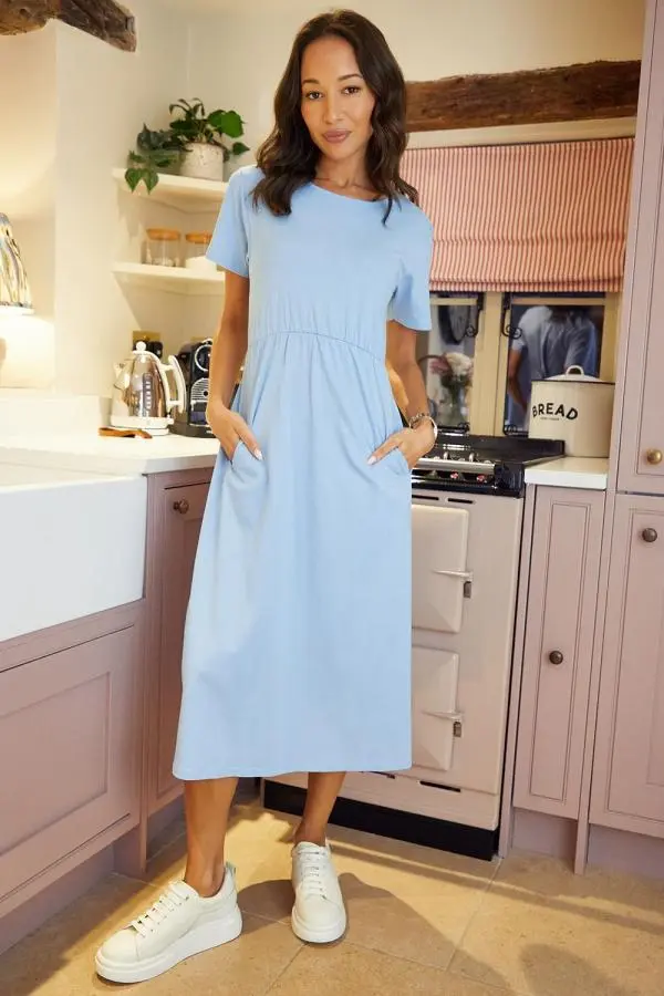 Cotton Jersey Smock-Style Midi Dress With Pockets