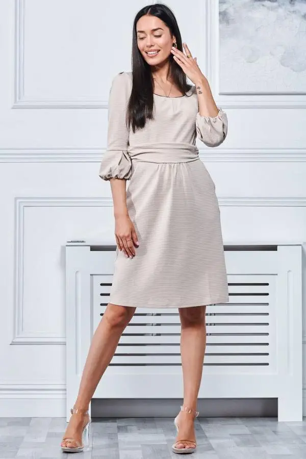 Jolie Moi Women's Bell Sleeve Boat Neck Dress in Beige 