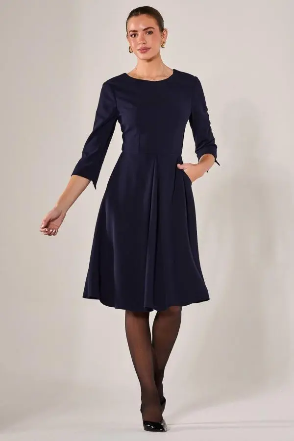 Jolie Moi Women's Round Neck 3/4 Sleeve Midi Dress in Navy 