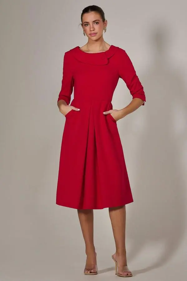 Jolie Moi Women's Roll Collar Long Sleeve Midi Dress in Red 