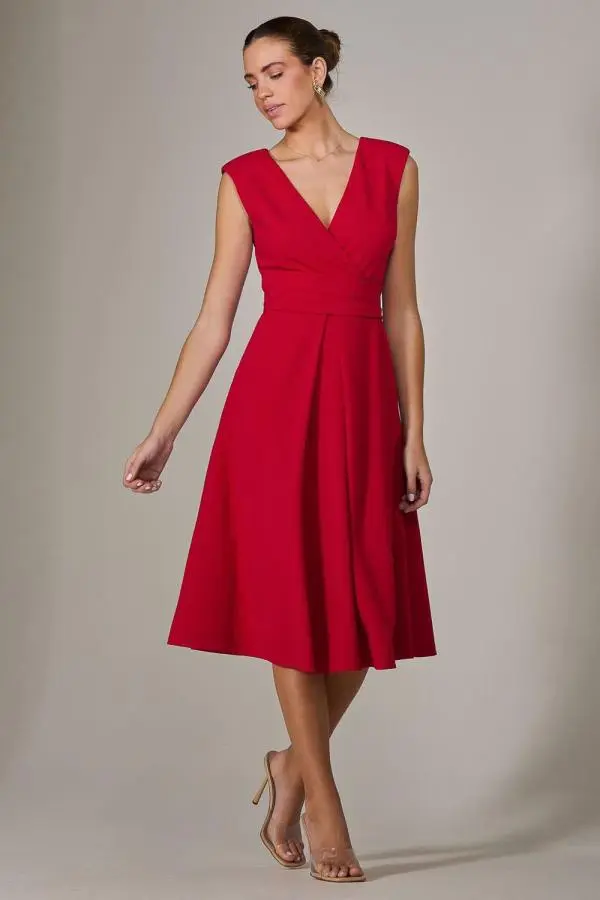 Jolie Moi Women's Sleeveless Tie Waist Midi Dress in Red | Size: 16