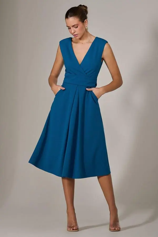 Jolie Moi Women's Sleeveless Tie Waist Midi Dress in Teal 