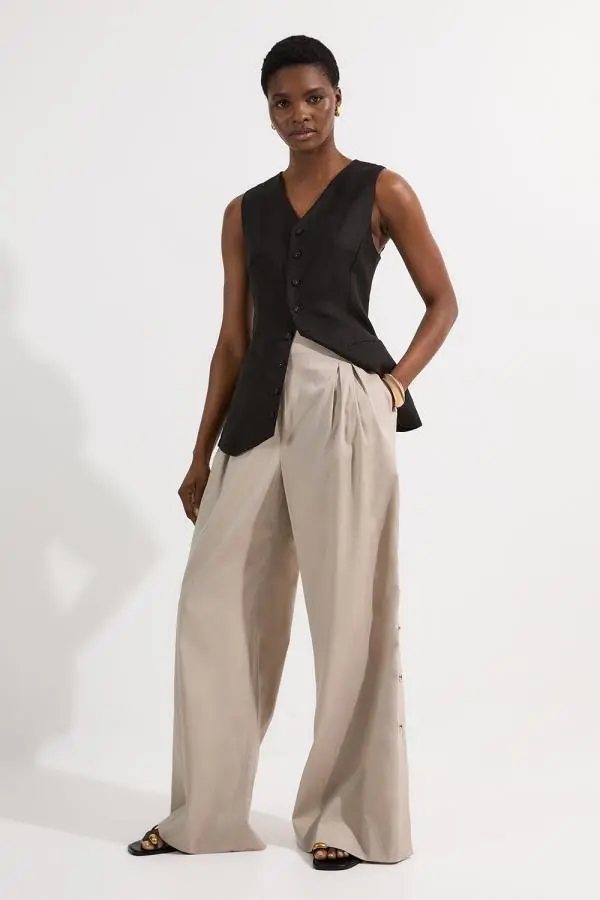 Tailored Polished Cotton Button Side Wide Leg Trousers
