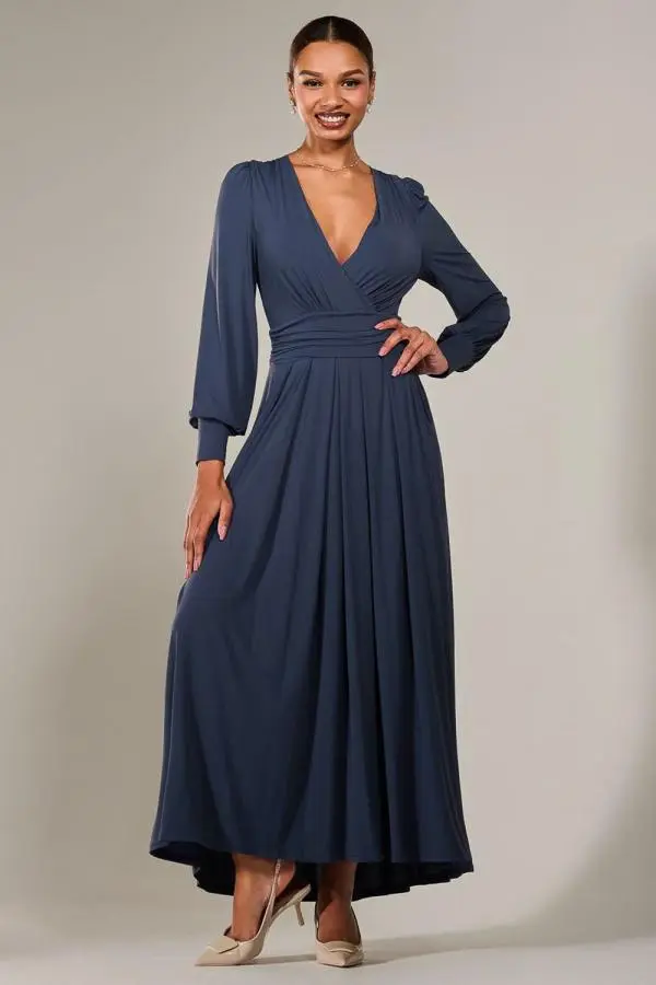 Jolie Moi Women's Long Sleeve Super Soft Jersey Maxi Dress in Mid Blue 