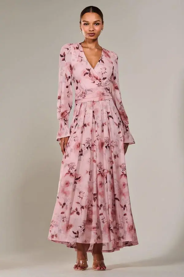 Jolie Moi Women's Long Sleeve Mesh Maxi Dress in Dusty Pink 