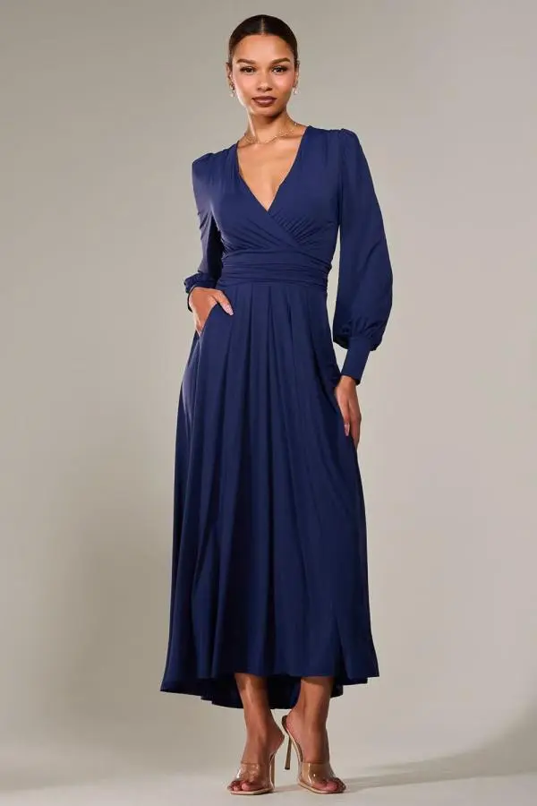 Jolie Moi Women's Long Sleeve Super Soft Jersey Maxi Dress in Navy 