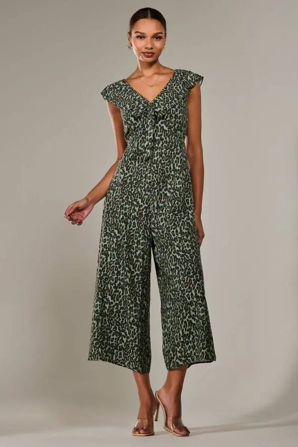 Jolie Moi Women's Frill Tie-front Jumpsuit in Dark Green 