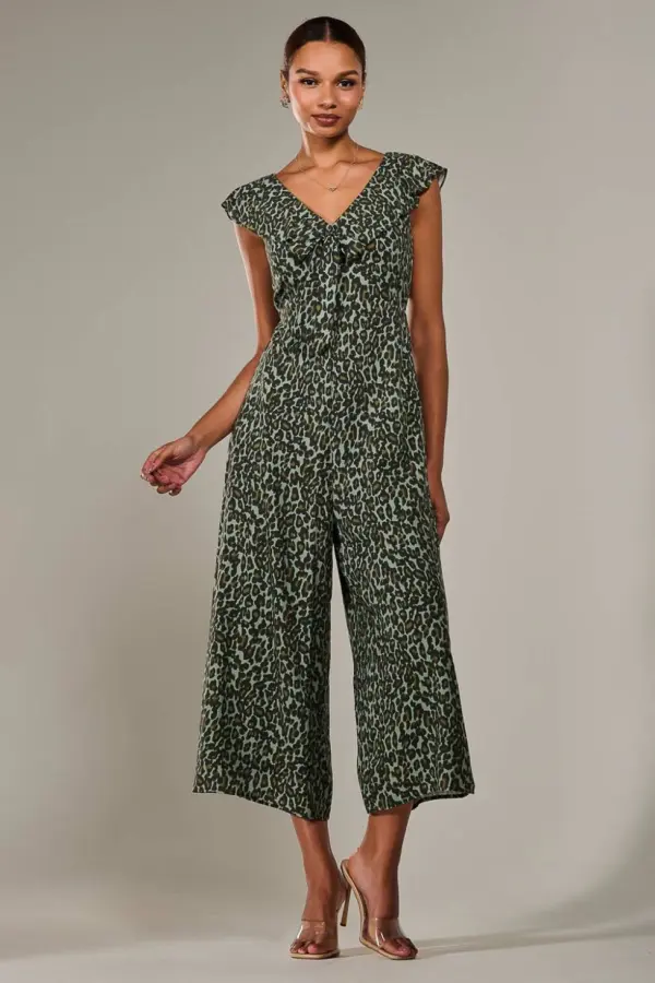 Jolie Moi Women's Frill Tie-front Jumpsuit in Dark Green 