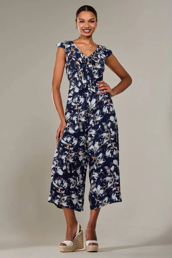 Jolie Moi Women's Frill Tie-front Jumpsuit in Mid Navy 