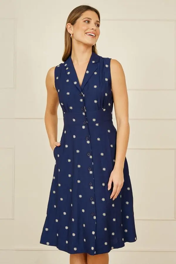 Navy Daisy Print Sleeveless Shirt Dress