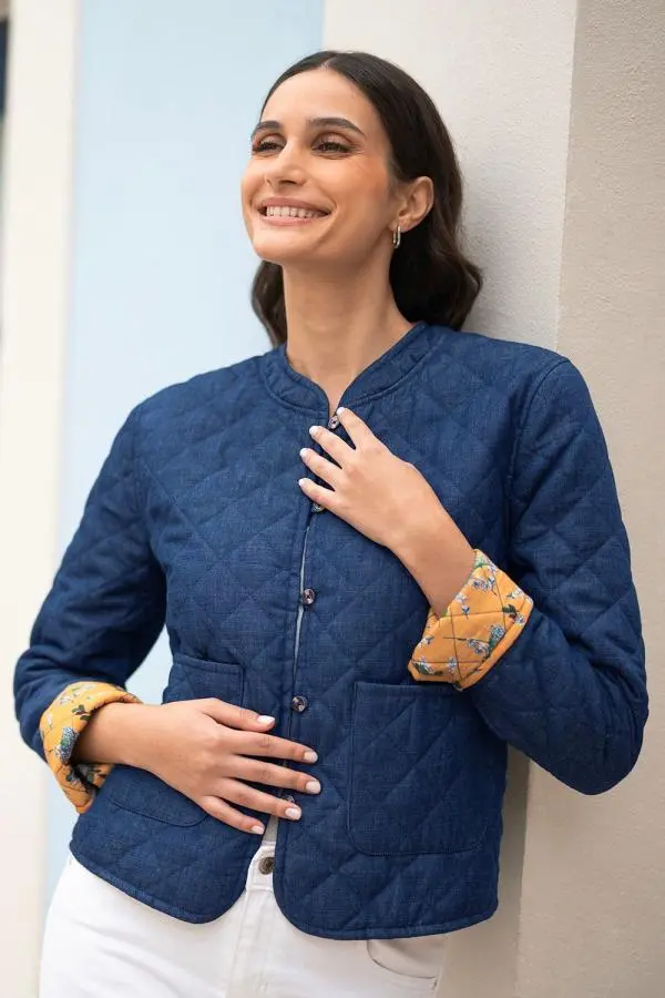 Yumi Women's Blue Chambray Quilted Jacket With Reversible Floral Lining 