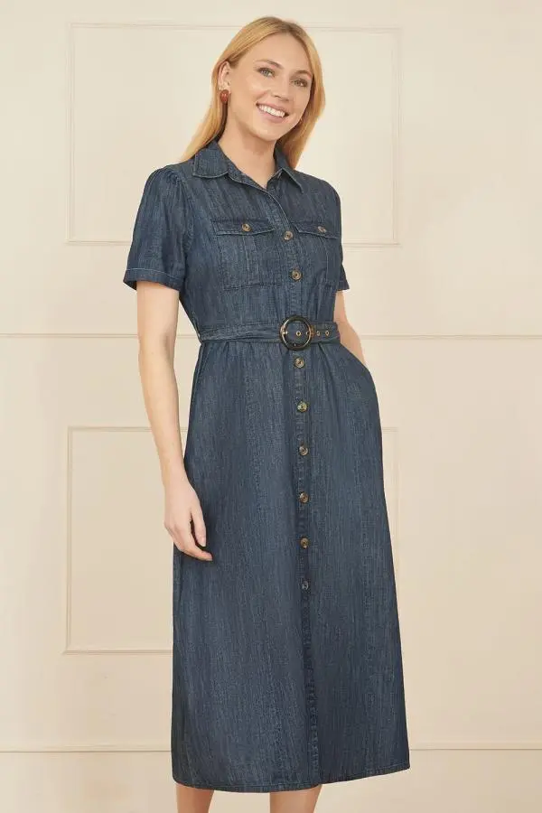 Yumi Women's Blue Chambray Utility Midi Denim Shirt Dress 