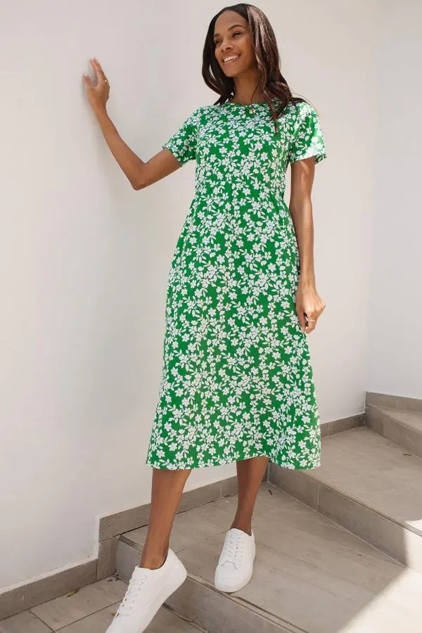 Cotton Jersey Smock-Style Midi Dress With Pockets
