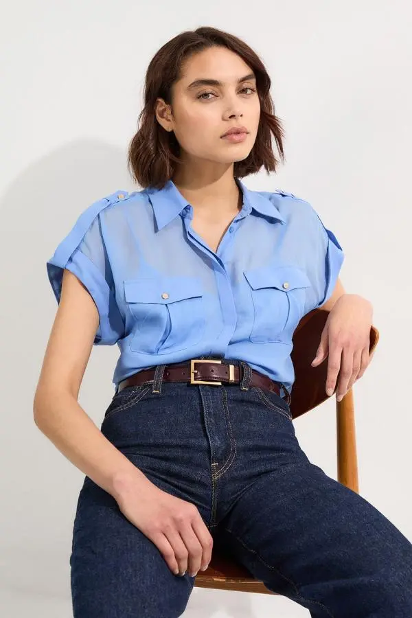 Sheer Viscose Georgette Woven Utility Blouse