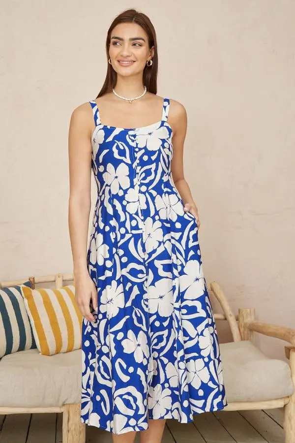 Yumi Women's Blue Floral Button Through Midi Dress 
