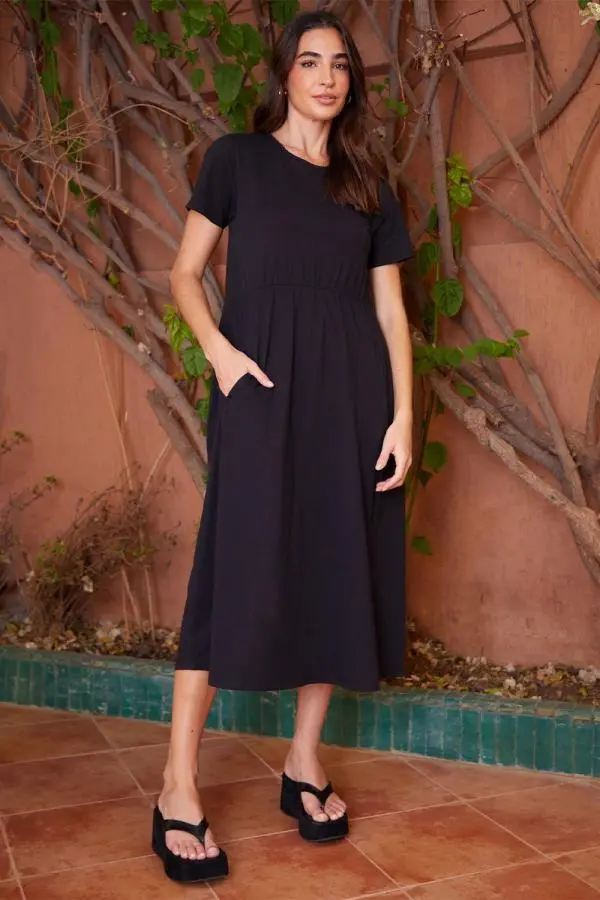Cotton Jersey Smock-Style Midi Dress With Pockets