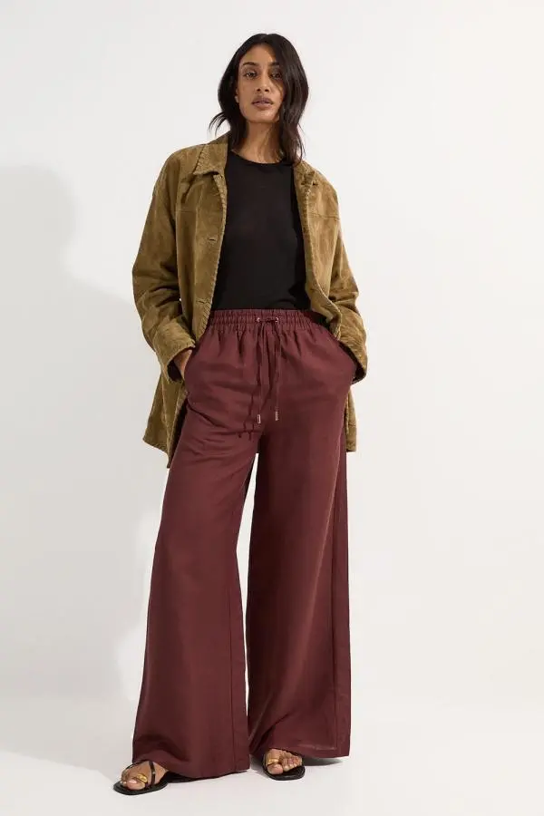 Viscose Linen Tie Waist Woven Trouser