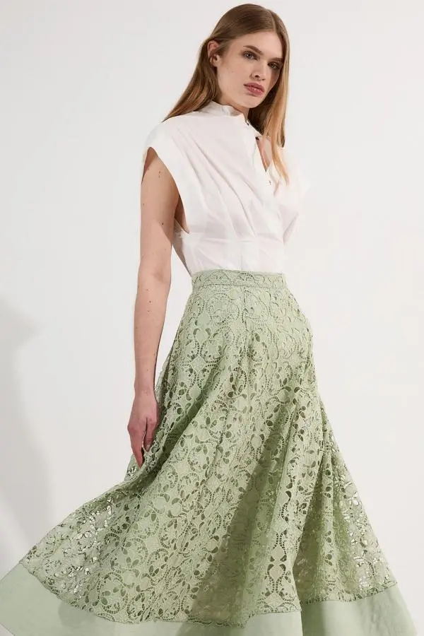 Cutwork Embroidery Woven Midi Prom Skirt