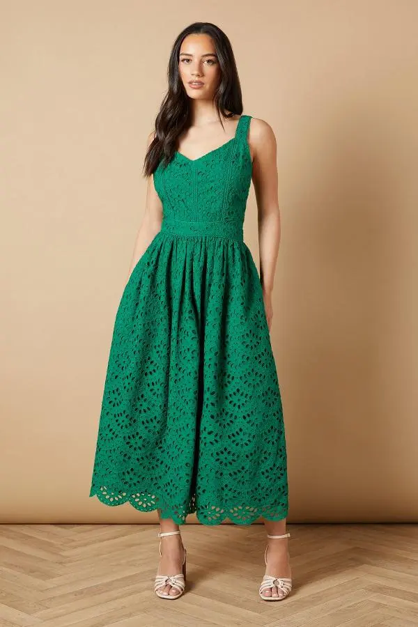 Oasis Women's Embroidered Broderie Midi Dress in Bright Green 