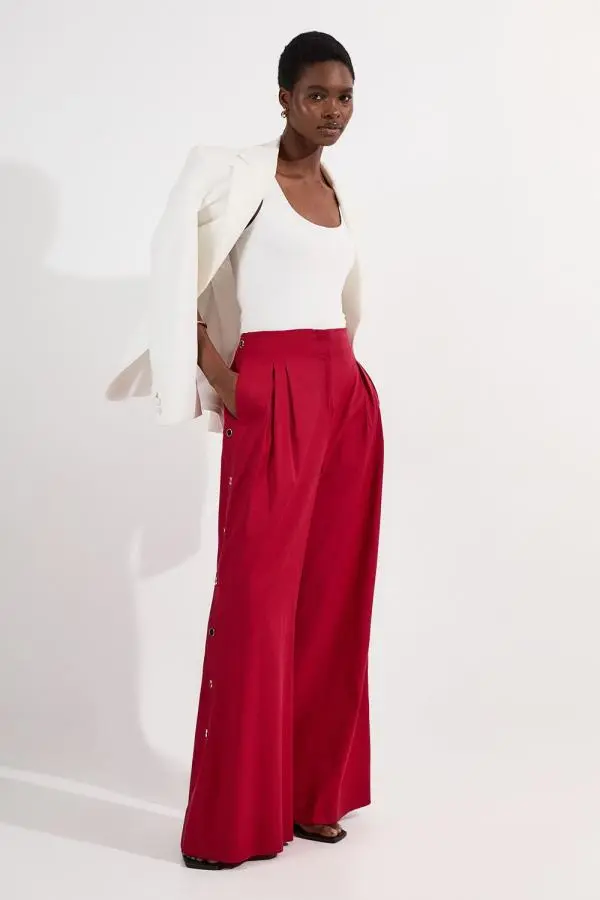 Tailored Polished Cotton Button Side Wide Leg Trousers