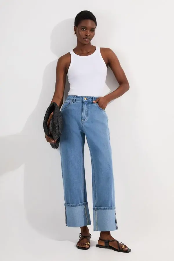 Denim Straight Leg Turn Up Hem Jeans
