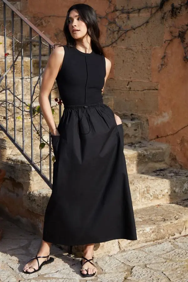 Sleeveless Utility Jersey Poplin Maxi Dress
