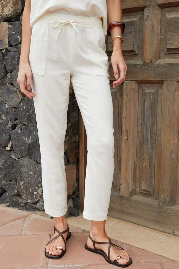 Linen Blend Drawstring Waist Tapered Trousers