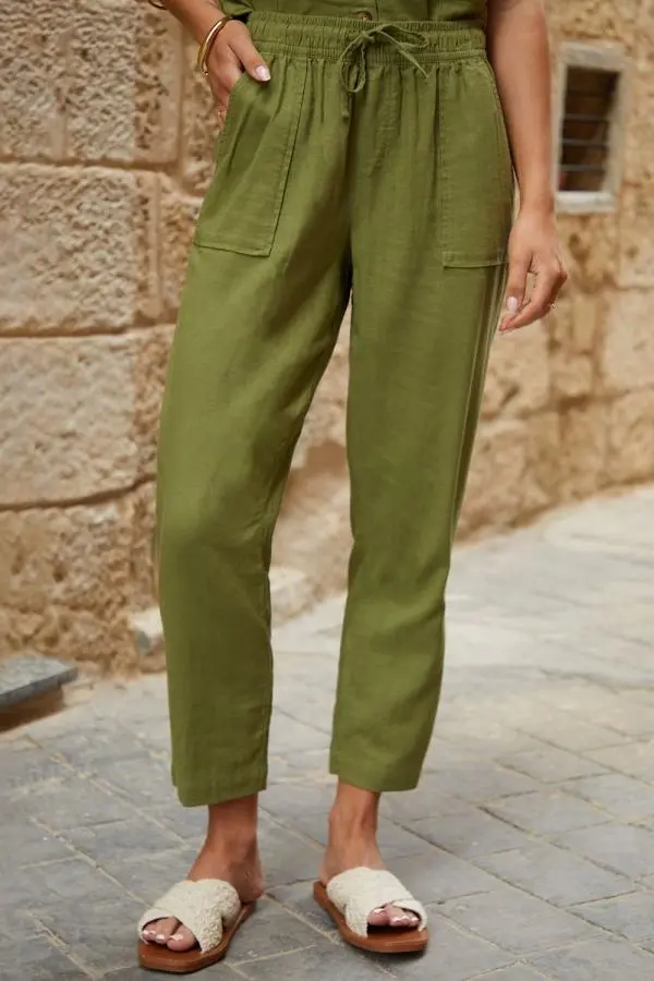 Linen Blend Drawstring Waist Tapered Trousers