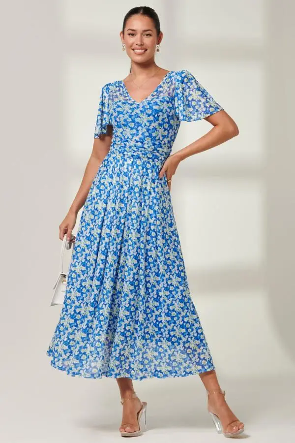 Jolie Moi Women's Bianca V-Neck Pleated Mesh Maxi Dress in Blue 