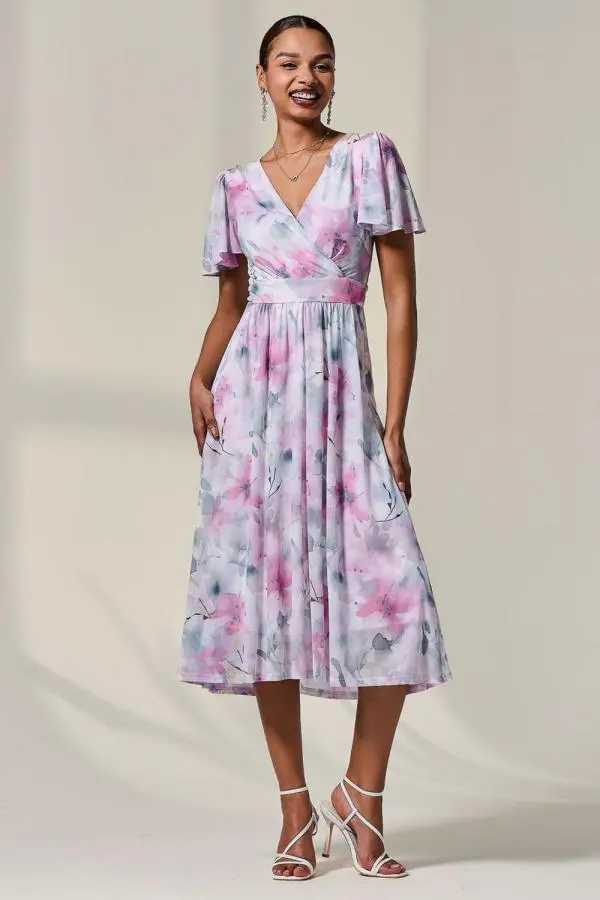 Jolie Moi Women's Petite Mesh Short Sleeve Wrap Midaxi Dre in Light Pink | Size: 10